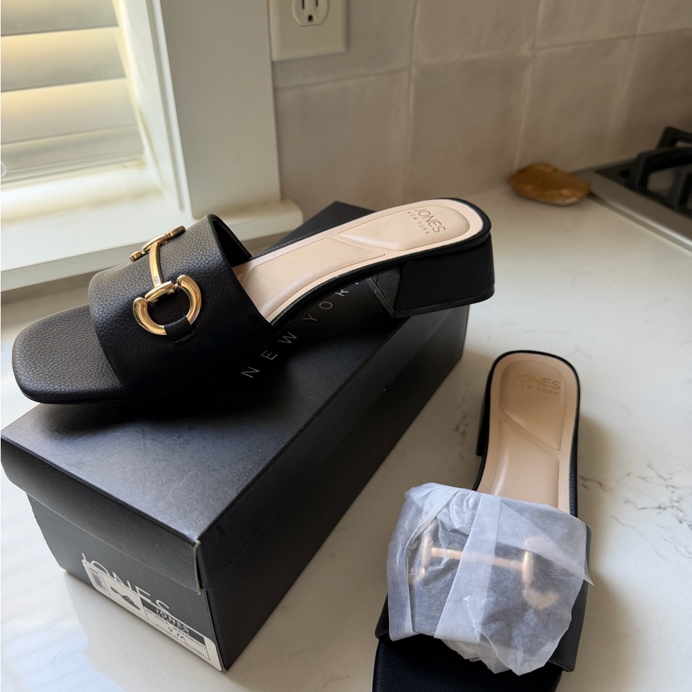 Jones New York Black Mules with Gold Accent and Block Heel